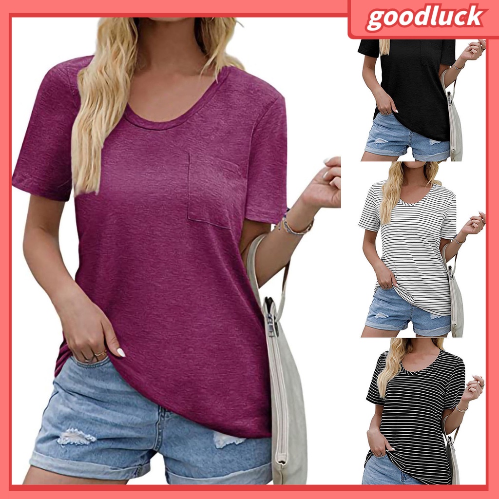 Áo Thun Tay Ngắn Cổ Tròn Màu Trơn Dáng Rộng Phối Túi Thời Trang Đường Phố Cá Tính Cho Nữ