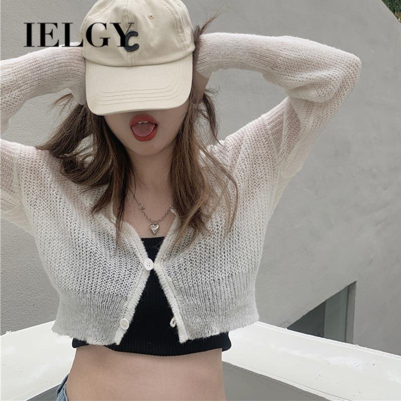 IELGY    Áo Khoác cardigan Dệt Kim Màu Sắc Trơn Phong Cách Pháp Cổ Điển Thời Trang Chống Nắng Cho Nữ
