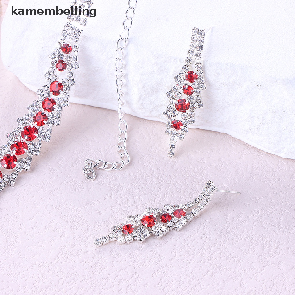 Kamembelling Bộ Vòng cổ + Bông Tai Đính Đá Pha Lê Xanh Dương Hình Chữ V Thanh Lịch Cho Nữ