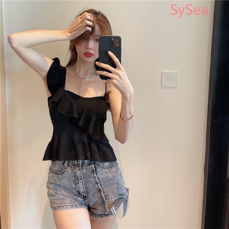 Áo Hai Dây Dệt Kim Phối Ren Nhún Bèo Thời Trang Mùa Hè Xinh Xắn Cho Nữ