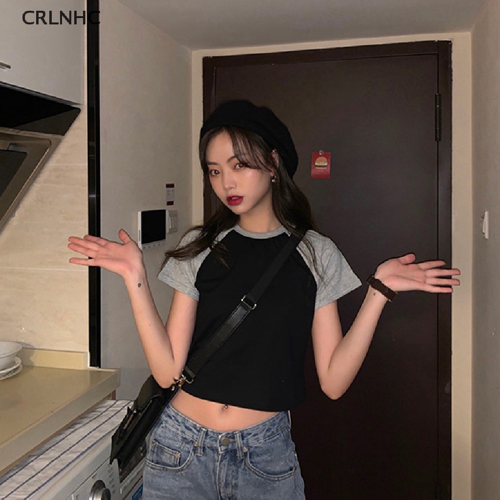 CRLNHC Áo Thun Croptop Tay Ngắn Cổ Tròn Màu Sắc Tương Phản Thời Trang Mùa Hè Cho Nữ