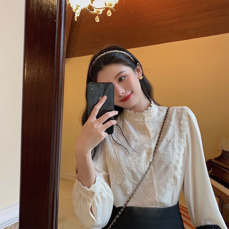 Áo Sơ Mi Ren Cổ Đứng Tay Phồng Thời Trang Thu Đông Dành Cho Nữ
