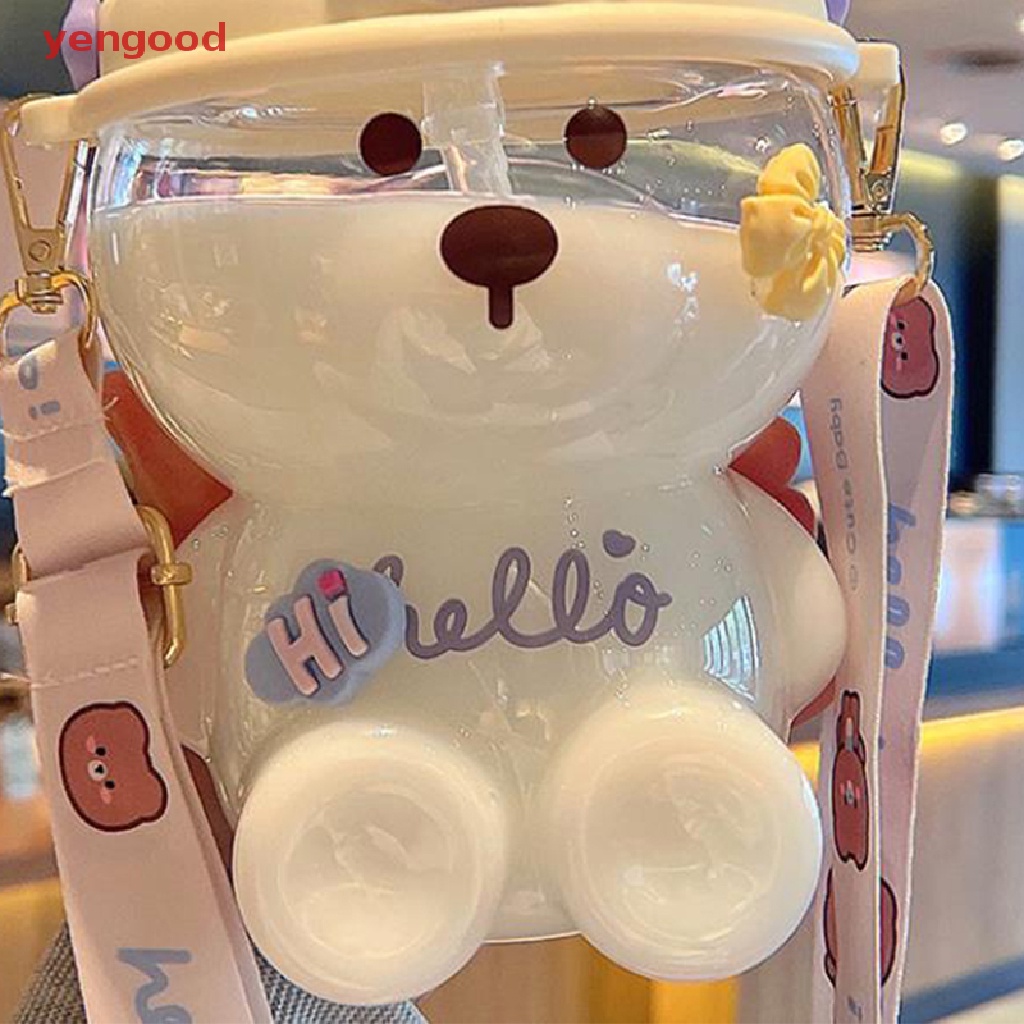 Bình Nước Cỡ Lớn Có Ống Hút Và Dây Đeo Hình Gấu Dễ Thương Cho Bé Gái