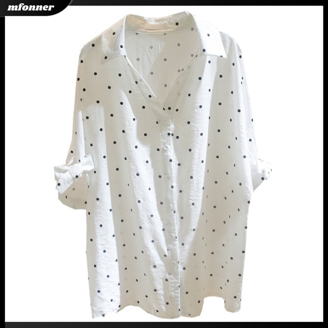 Áo Thun Nữ Tay Lửng Dáng Rộng Cổ Chữ V Họa Tiết Chấm Bi Thời Trang