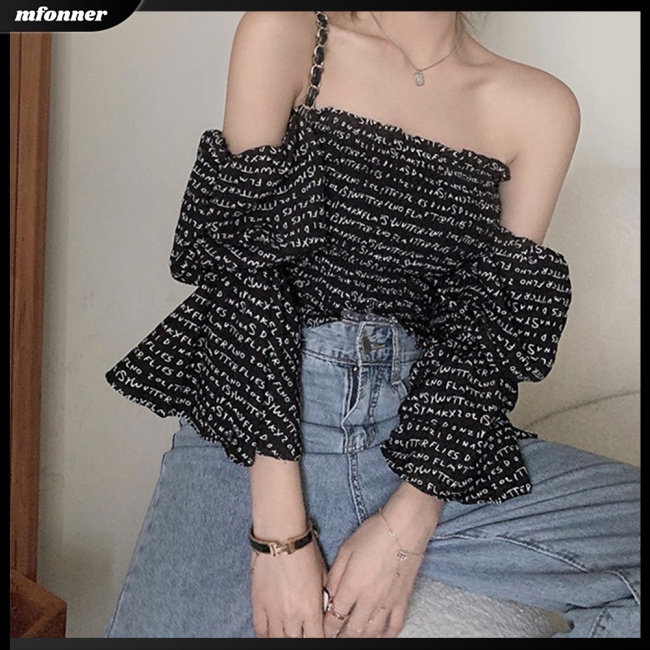 Áo Kiểu Trễ Vai Tay Ngắn Phồng In Chữ Thời Trang Mùa Hè Quyến Rũ Cho Nữ