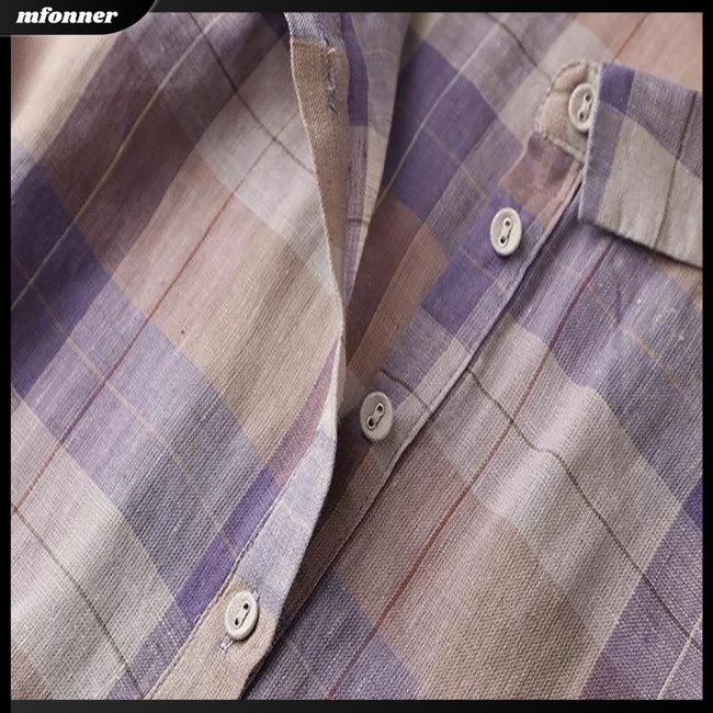 Áo Sơ Mi Cotton Lanh Dáng Rộng Cổ Đứng Tay Ngắn In Họa Tiết Kẻ Sọc Thời Trang Mùa Hè Cho Nữ