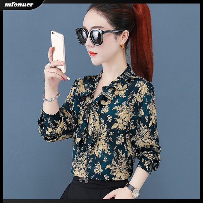 Áo Sơ Mi Chiffon Tay Dài Cổ Chữ V Họa Tiết Hoa Thời Trang Cho Nữ