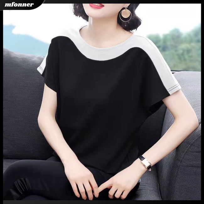 Áo Thun Tay Ngắn Cổ Tròn Phối Màu Tương Phản Thời Trang Cho Nữ