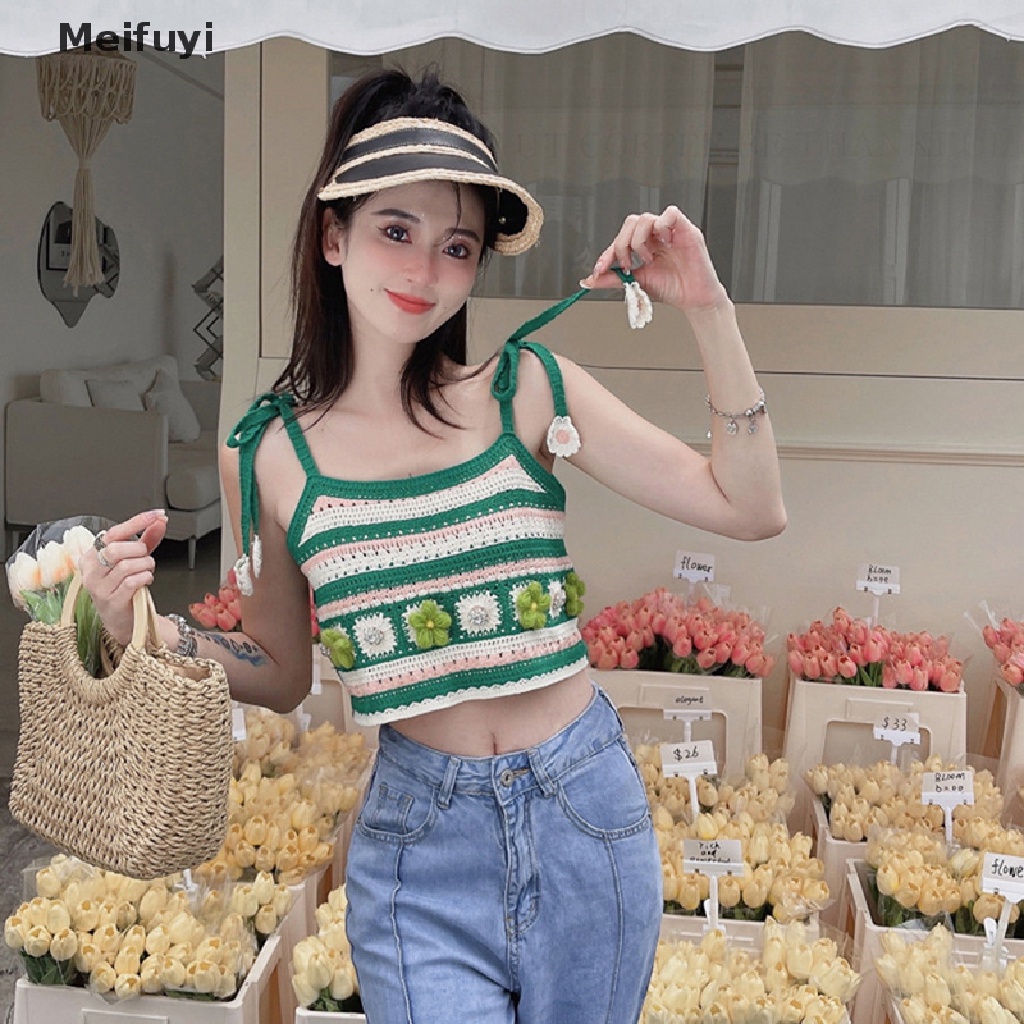 [Meifuyi] Áo Crop Top Dệt Kim Hai Dây Thắt Nơ Họa Tiết Hoa Xinh Xắn Cho Nữ