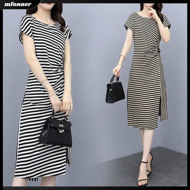 Đầm Midi Ngắn Tay Cổ Tròn Họa Tiết Kẻ Sọc Thiết Kế Xẻ Tà Phong Cách Retro