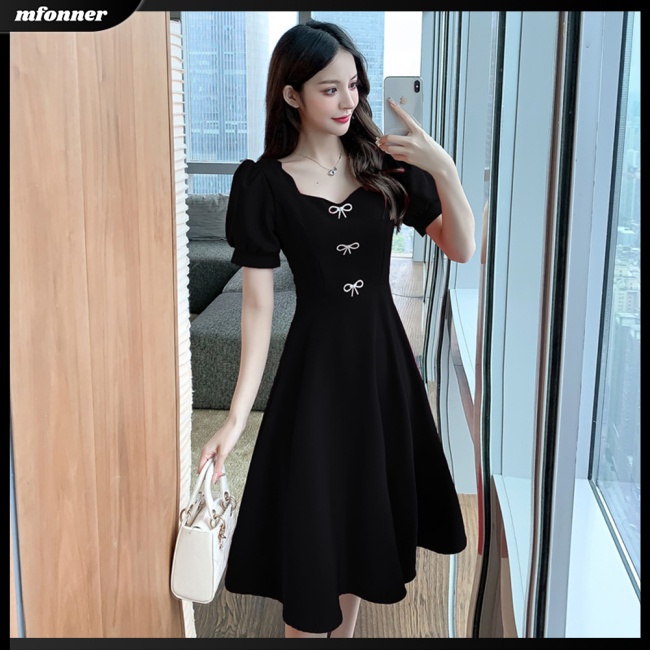 Đầm Chữ A Tay Ngắn Phồng Cổ Vuông Màu Trơn Trang Nhã Dành Cho Nữ