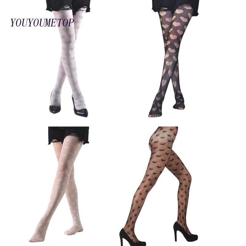 Youyo Quần Tất Lưới Jacquard Họa Tiết Trái Tim Phong Cách Gothic Punk Harajuku Gợi Cảm Cho Nữ Le