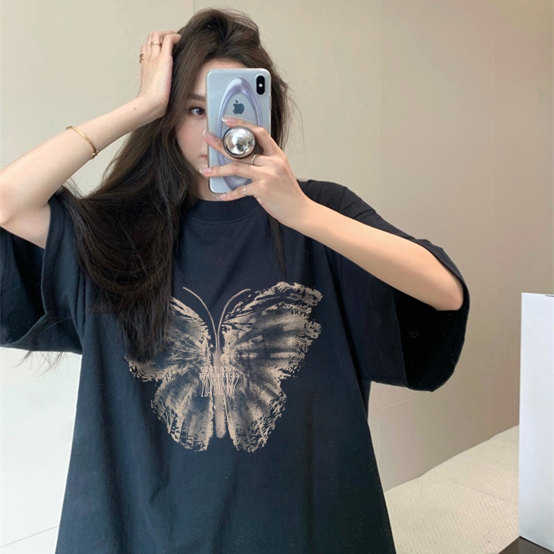 Áo Thun Ngắn Tay Dáng Rộng In Họa Tiết Bướm Xinh Xắn Theo Phong Cách Mùa Hè Hàn Quốc