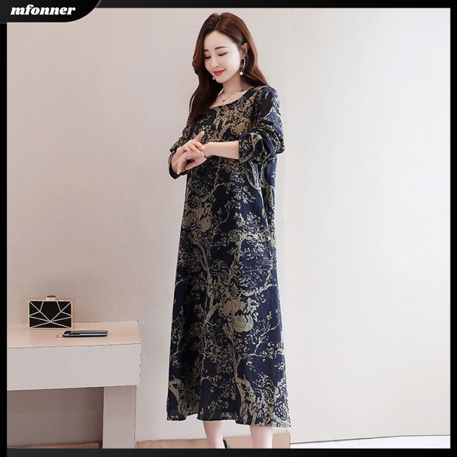 Đầm Tay Dài Dáng Rộng Chiết Eo In Họa Tiết Xinh Xắn Thời Trang Cho Nữ