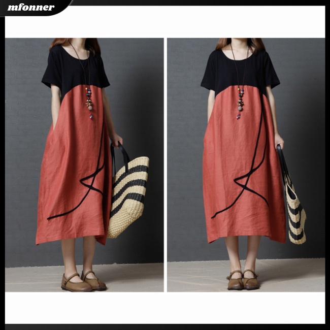 Đầm Cổ Tròn Size Lớn Phối Màu Thời Trang Mùa Hè Cho Nữ