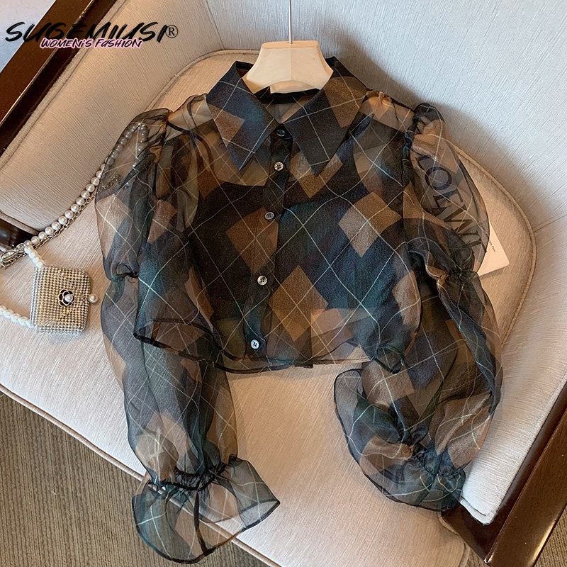 Áo sơ mi SUGEMIUSI chanel chất chiffon dáng crop giản dị thời trang mùa xuân cho nữ