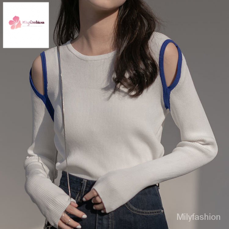Áo dệt kim tay dài phối màu tương phản thời trang cho nữ