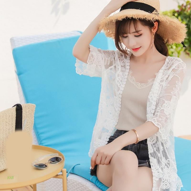 Áo Khoác Cardigan Tay 3 / 4 Thêu Ren Hoa Mặc Ngoài Bikini Thời Trang Mùa Hè Cho Nữ