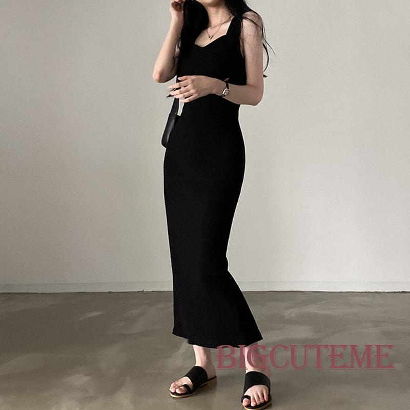 [] - Đầm Dài Dệt Kim Ôm Dáng Không Tay Màu Trơn Cổ Cao Gợi Cảm Cho Nữ