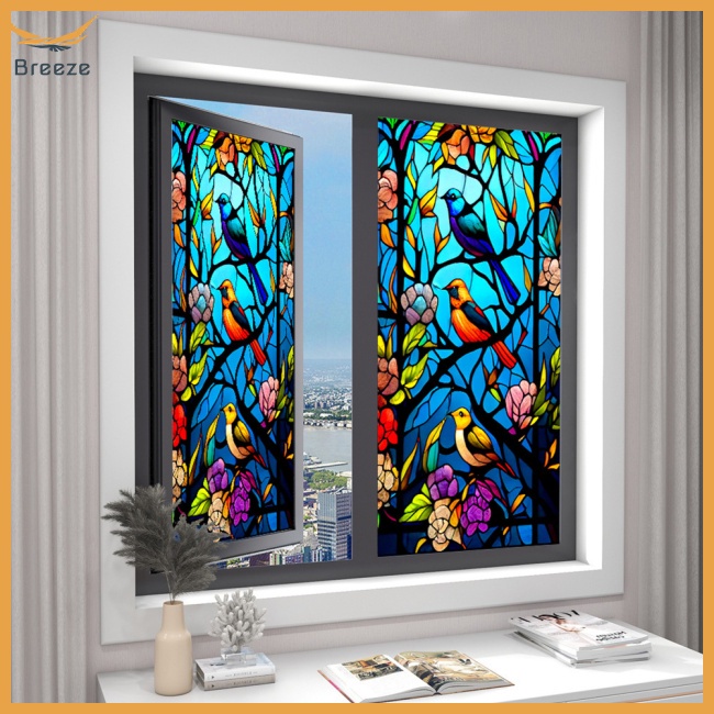 Phim Dán Cửa Kính Họa Tiết Hoa Và Chim Nhiều Màu Sắc Cách Nhiệt Chống Tia Uv