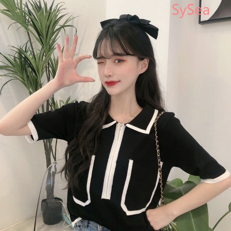 Áo Dệt Kim Phối Khóa Kéo Phong Cách Retro Hàn Quốc Cho Nữ