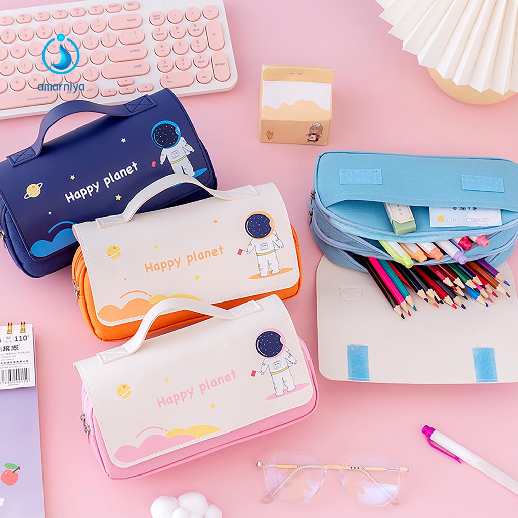 (Shop Amart) Túi Đựng Bút 2 Ngăn Đa Năng Bằng Vải Canvas In Hình Phi Hành Gia