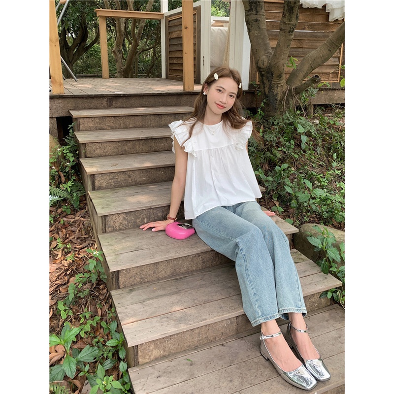 SUXI Áo Sơ Mi Tay Ngắn Ống Loe Màu Sắc Ngọt Ngào Phong Cách Hàn Quốc