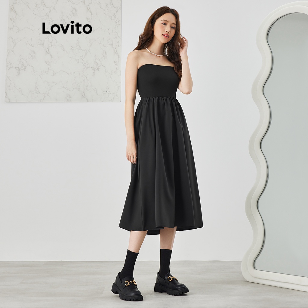 Đầm Lovito chất liệu tương phản màu đen trơn thanh lịch cơ bản cho nữ L47AD034 (màu đen)