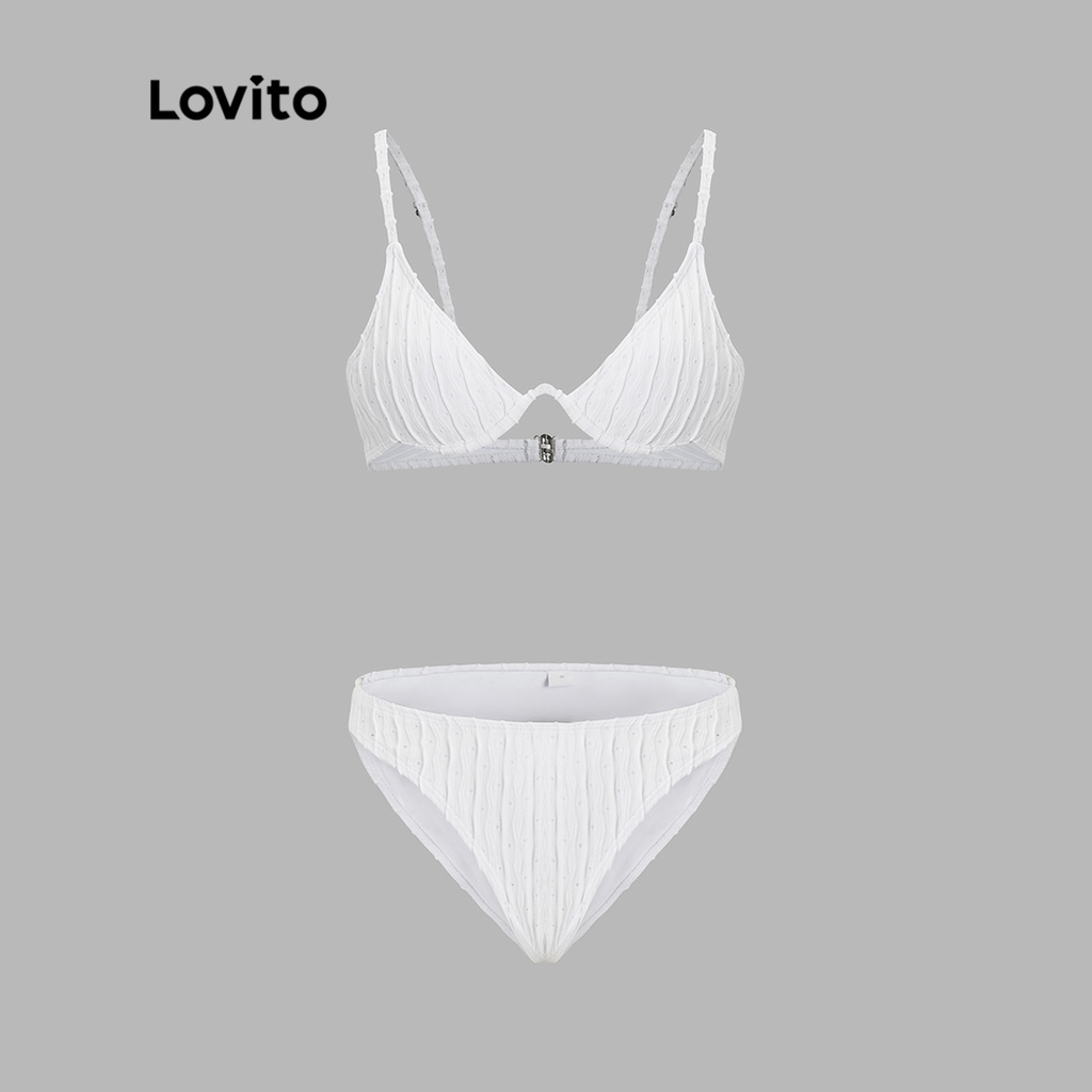 Set bikini Lovito buộc dây màu trơn đệm ngực tháo rời vải kết cấu tốt phong cách thường ngày cho nữ L50AD020 (trắng)