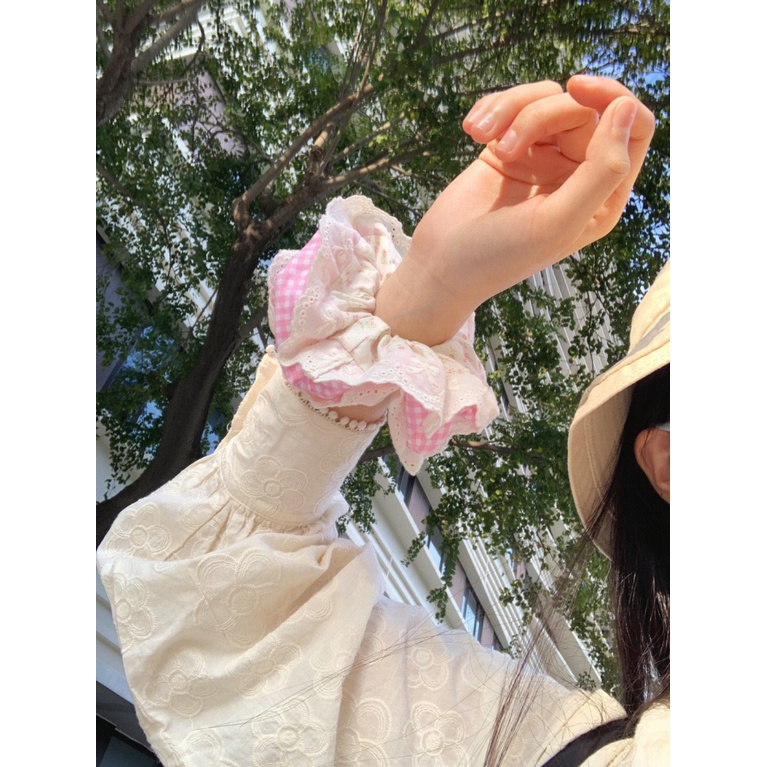 Dây Cột Tóc Hai Lớp Phối Ren Hoa Phong Cách Mori Mori Dễ Thương