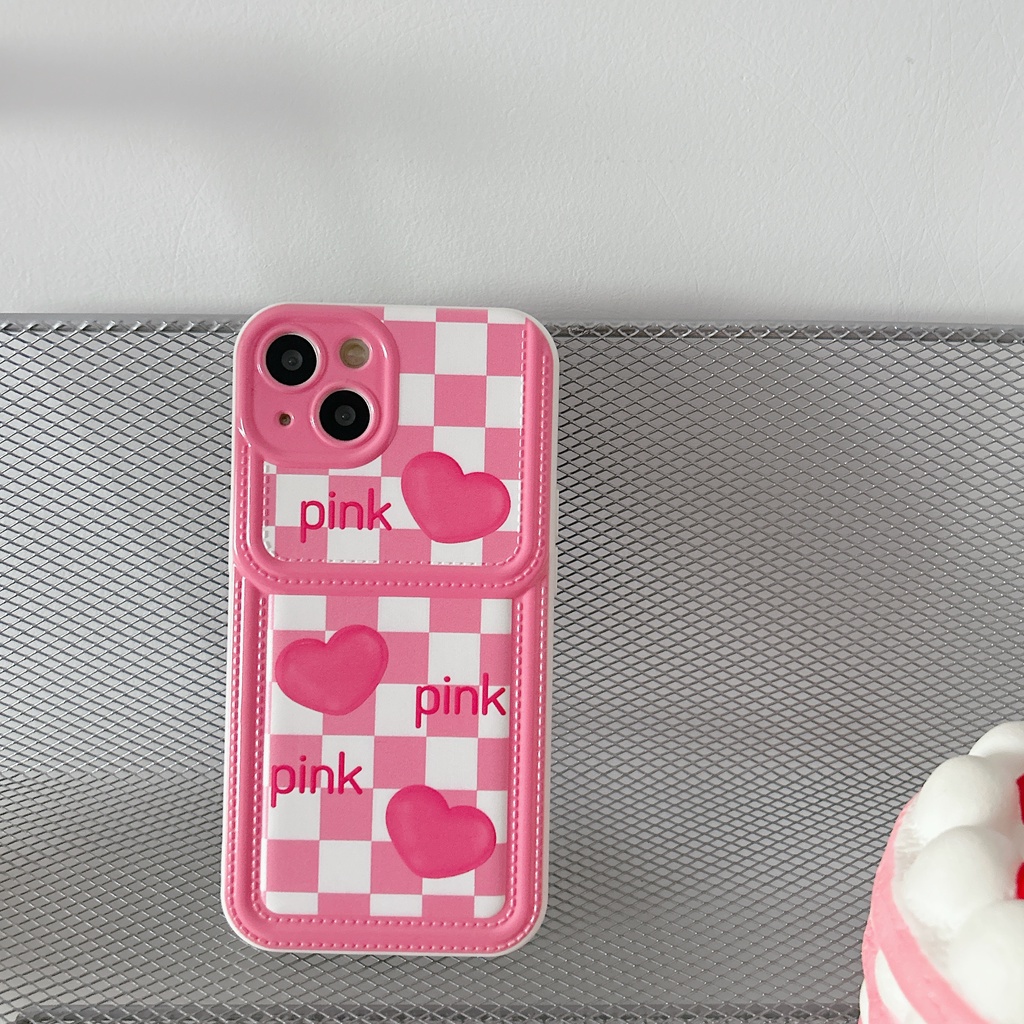 Ốp Điện Thoại Da Viền Silicon Dẻo Màu Hồng Họa Tiết Trái Tim Dễ Thương Chống Sốc Cho iPhone11 12 13 14 Pro Max