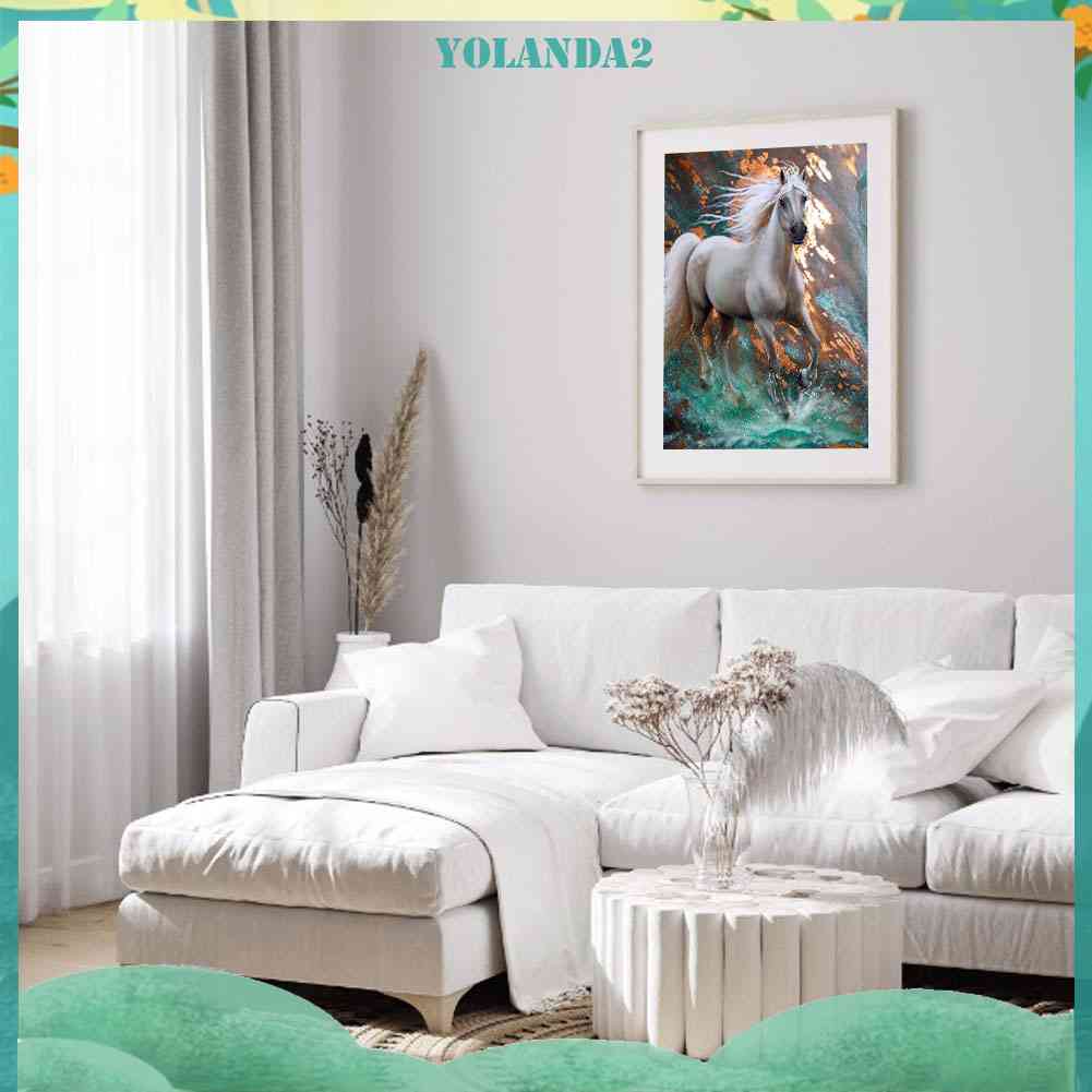 Tranh Đính Đá Kim Cương Toàn Bộ Hình Vẽ Ngựa Trắng Chạy Trên Tường Trang Trí Nội Thất