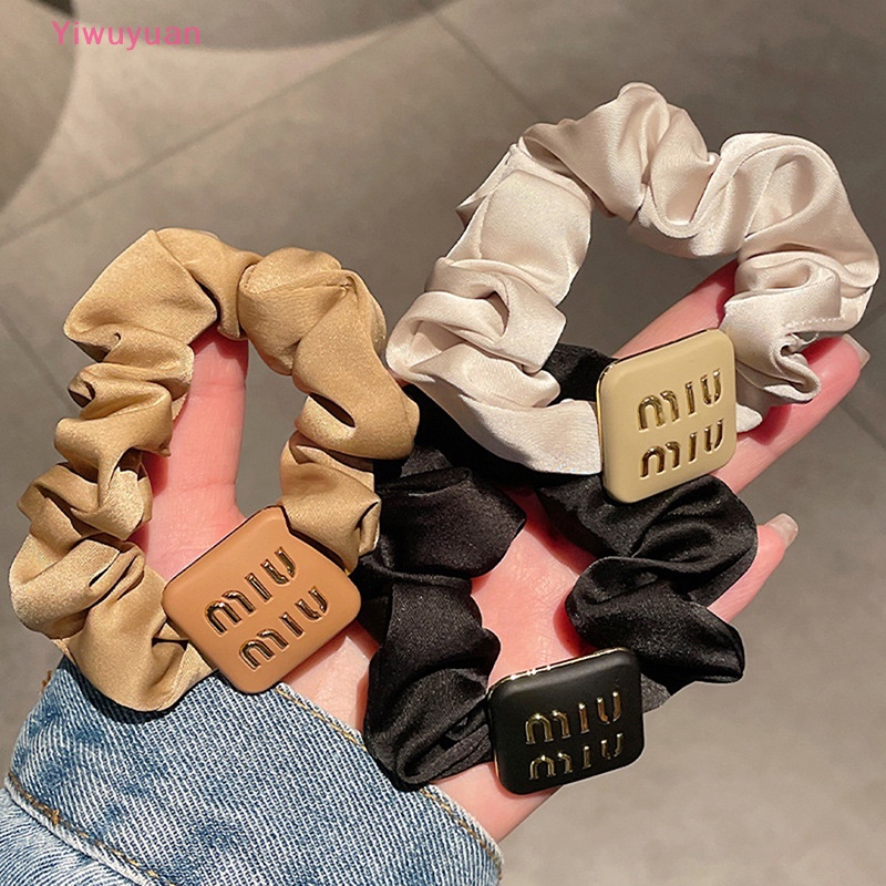 Dây Buộc Tóc Cao Su Bọc Vải Lụa Mềm Co Giãn Màu Trơn In Chữ Phong Cách Retro Đơn Giản Dành Cho Bạn Gái