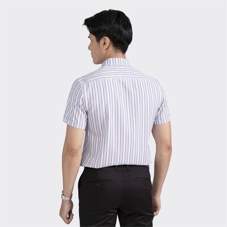 Áo sơ mi nam ngắn tay ARISTINO phom Slim Fit ôm, màu trắng kẻ xanh tím than nam tính, lịch lãm - ASS069S2