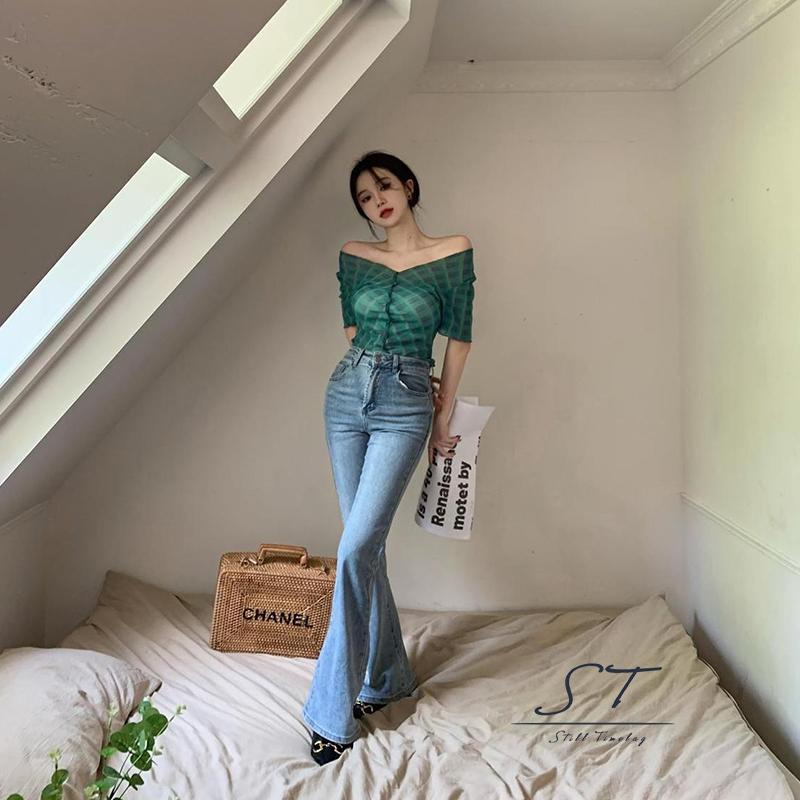 Áo Thun Ngắn Tay Cổ Chữ V Họa Tiết Caro Thời Trang Cho Nữ