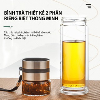 Bình pha trà thủy tinh 2 lớp có lõi lọc inox 304 giữ nhiệt 470ml, bình trà có lõi lọc có quai xách tiện lợi, ấm pha trà