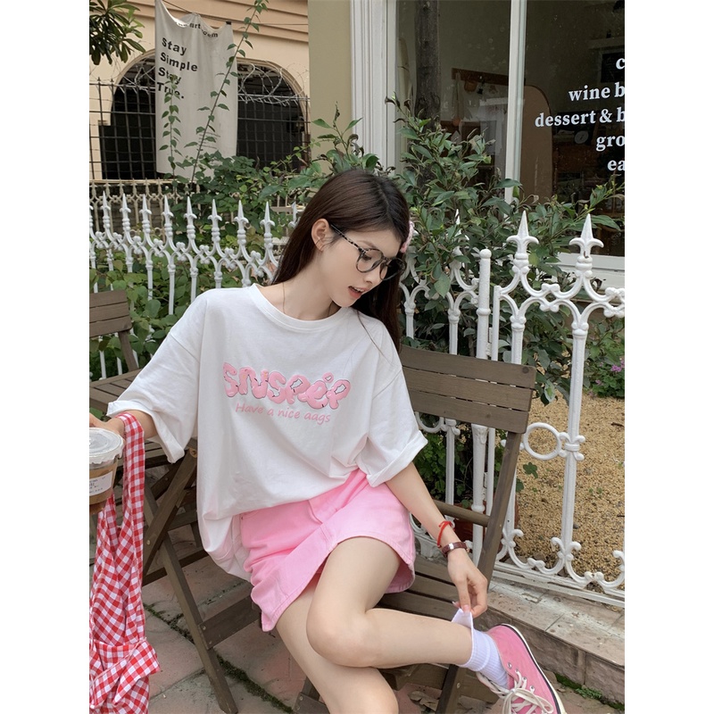 Áo Thun Dáng Rộng In Chữ Phong Cách Cổ Điển Thời Trang Mùa Hè Xinh Xắn