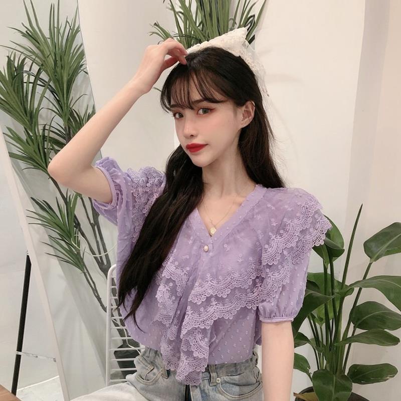 Áo Chiffon Cổ V Phối Ren Màu Tím Thời Trang Mùa Hè Hàn Quốc 2023 Dành Cho Bạn Nữ