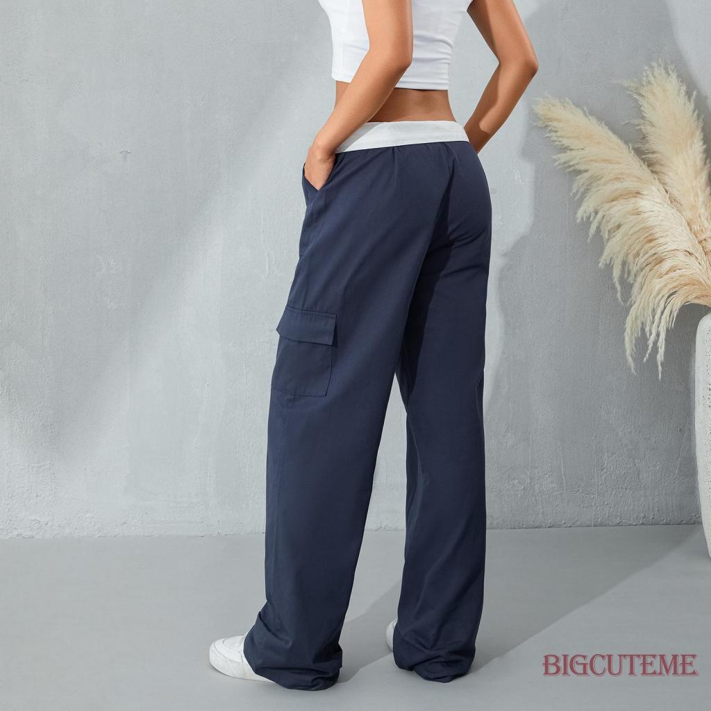 [] Quần Dài Ống Đứng Phối Nhiều Túi Màu Xanh Đậm Size S / M / L Giản Dị Cho Nữ