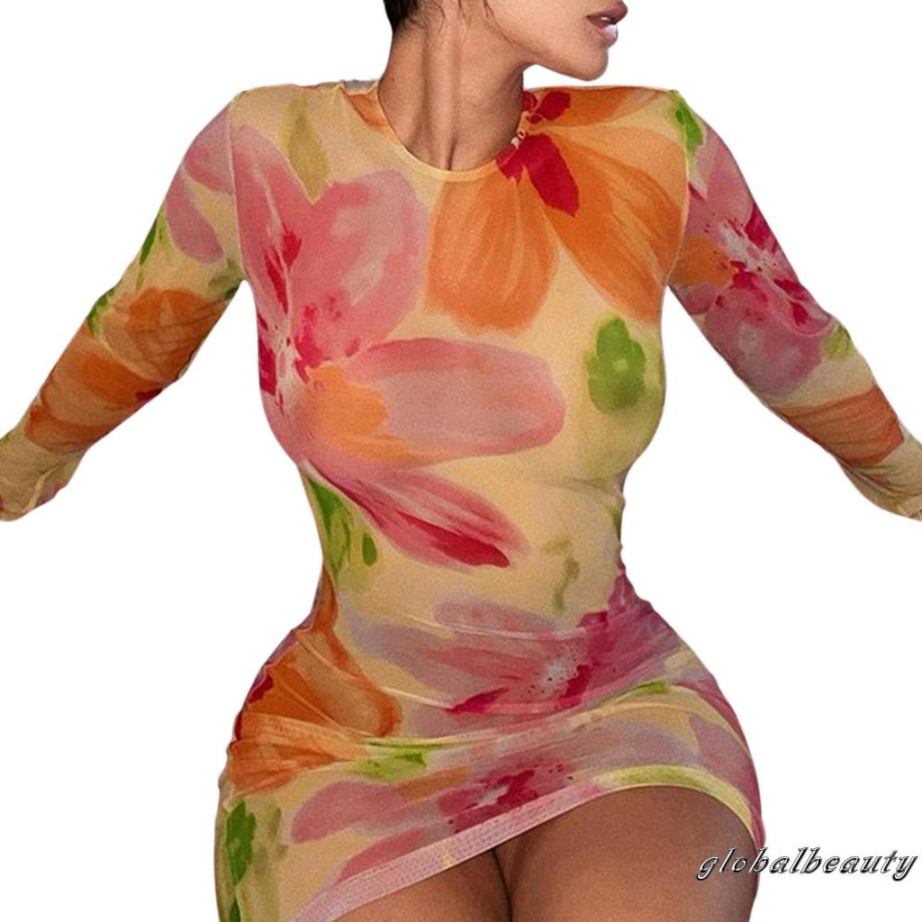 Đầm Ngắn Cổ Tròn Tay Dài Eo Cao Xuyên Thấu In Họa Tiết Hoa Cho Nữ