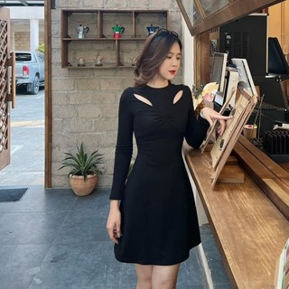 Đầm thun nhún khoét vai tay dài