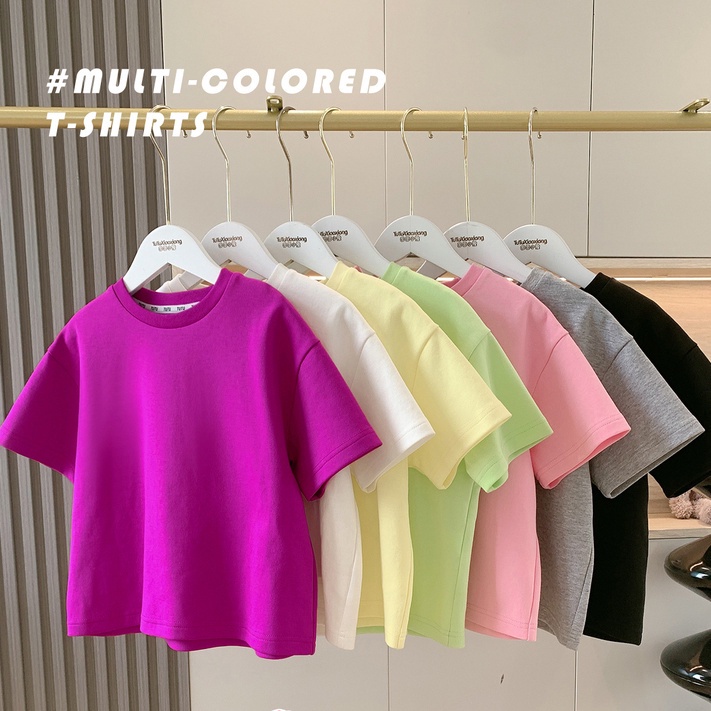 Áo Thun Cotton Trơn Tay Ngắn Thoáng Khí Thấm Hút Mồ Hôi Phong Cách Hàn Quốc Mới Cho Bé Gái