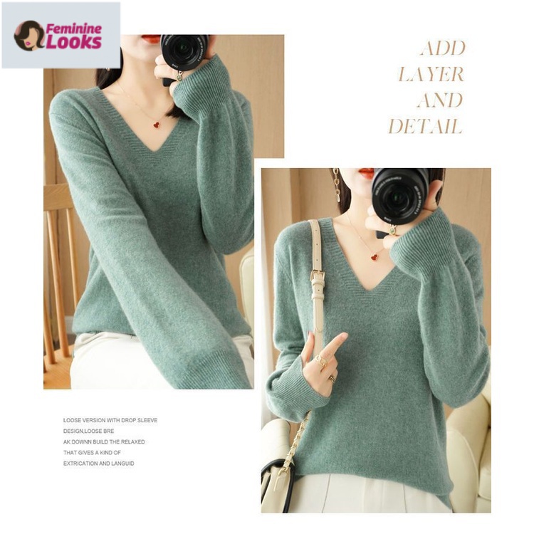 Áo Sweater Tay Dài Cổ Chữ V Màu Sắc Đơn Giản Cho Nữ