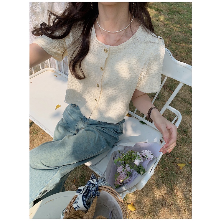 SUXI Áo Kiểu Tay Phồng Ngắn Màu Sắc Đơn Giản Phong Cách Vintage Hàn Quốc