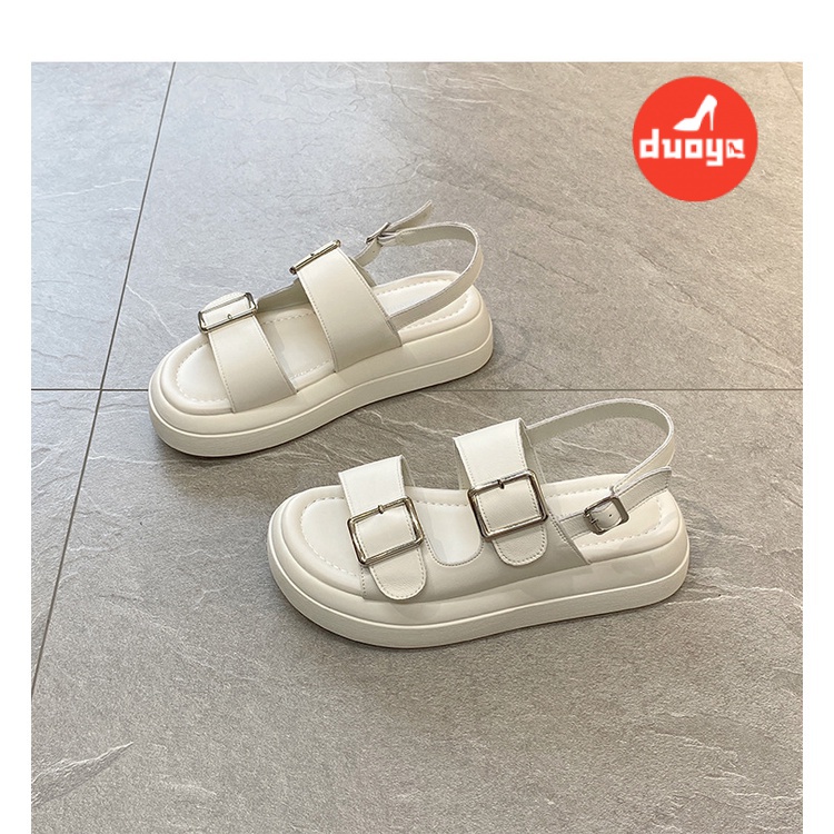 Duoya Tóc Thẳng ~ [Hàng Có Sẵn] Giày Sandal Đế Dày Hở Ngón Bằng Da Mềm Có Khóa Kim Loại Thời Trang Mùa Hè Cho Nữ Miễn Phí Vận Chuyển