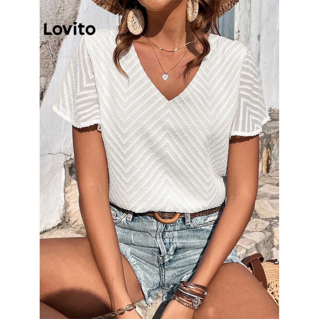 Áo kiểu Lovito tay ngắn cổ V dệt họa tiết màu trơn thanh lịch cho nữ L51ED010 (Màu mơ)