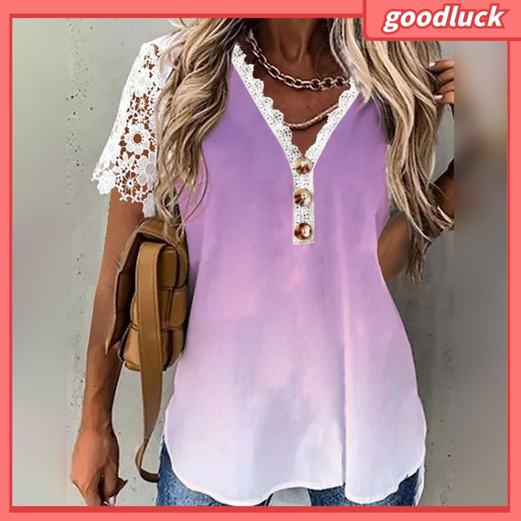 [ULK] Áo Sơ Mi Tay Ngắn Cổ Chữ V Phối Ren Màu Sắc Gradient Dành Cho Nữ Mặc Hàng Ngày