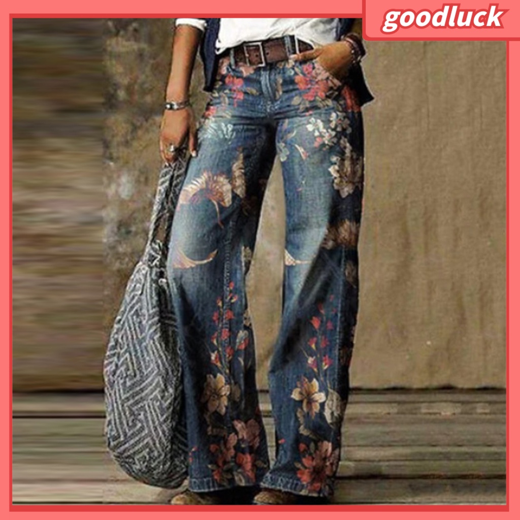 Quần Jean Dài Ống Rộng Lưng Cao In Họa Tiết Hoa Phong Cách Cổ Điển Thời Trang Cho Nữ