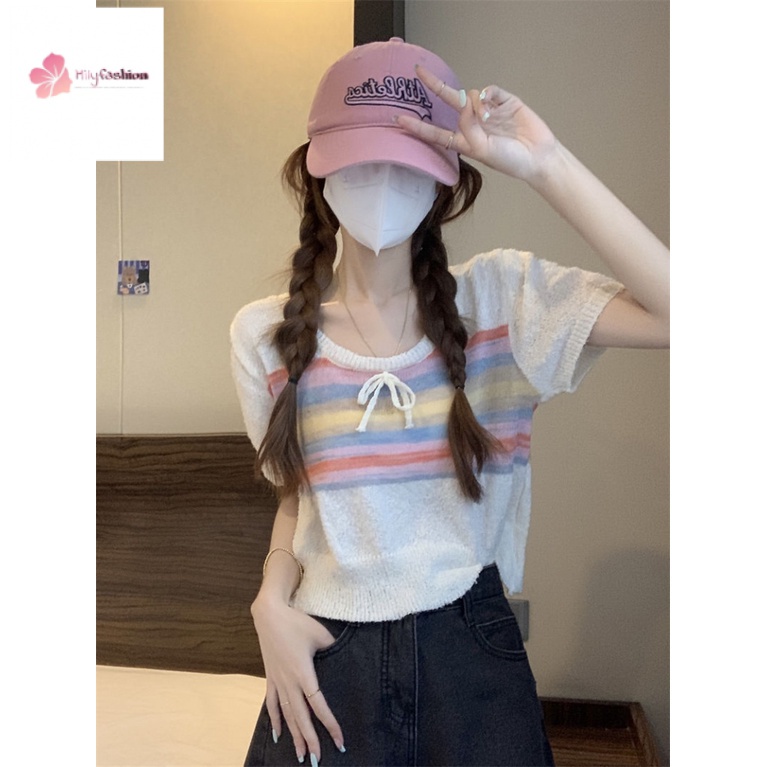 Áo Sweater Dệt Kim Kẻ Sọc Cầu Vồng Phối Nơ Phong Cách Thời Trang Mới 2023