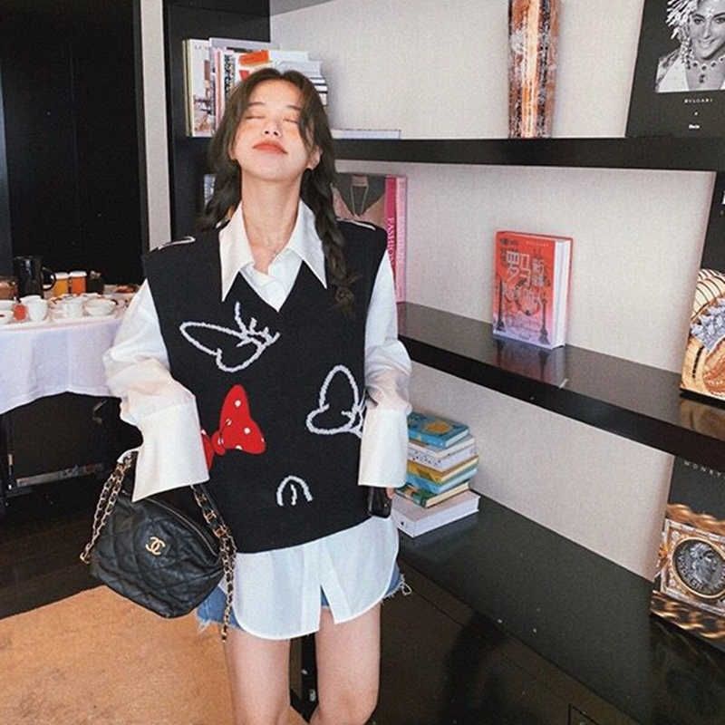 Áo Dệt Kim Không Tay Cổ Chữ V Màu Đen Phong Cách Nhật Bản